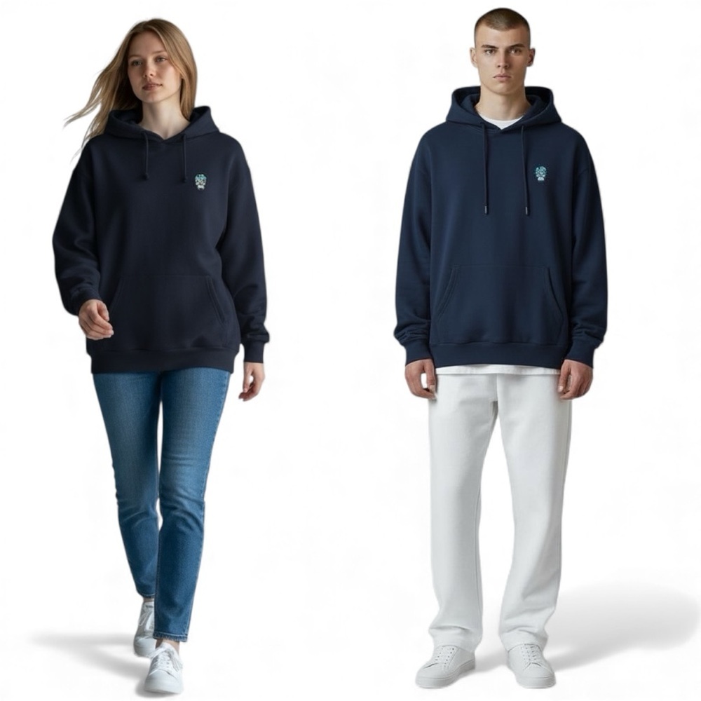 SUSPICIOUS ANTWERP Navy Blue Hoodie Embroidered SKULL Patch